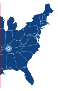 Map of the eastern United States in dark blue, with a white marker indicating a specific location in the southeastern region.