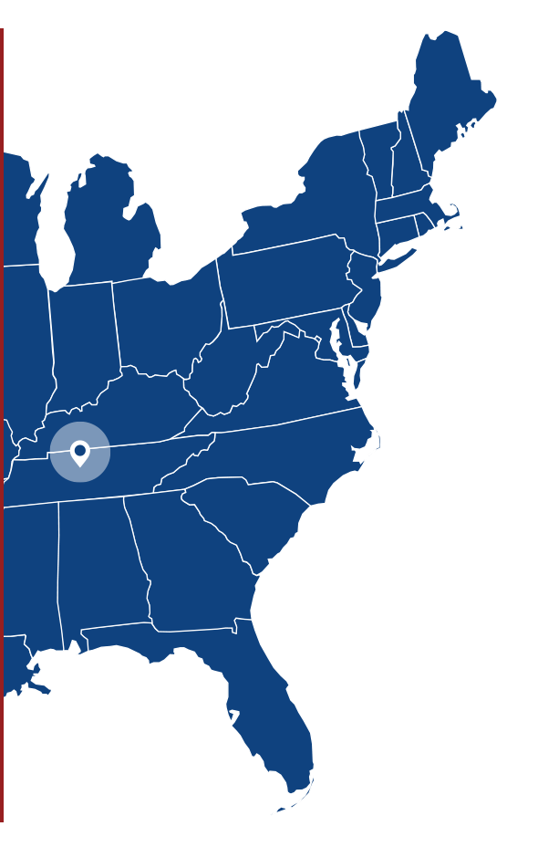 Map of the eastern United States in dark blue, with a white marker indicating a specific location in the southeastern region.